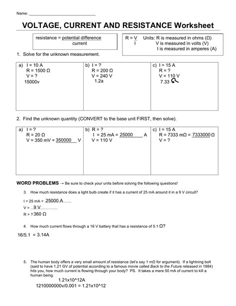 current voltage and resistance worksheet answers cstephenmurray